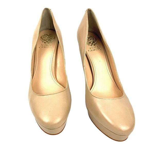 VINCE CAMUTO Niomi Tan Leather Round‎ Toe Platform Stilettos - Picture 4 of 10